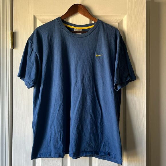 Vintage Nike T-Shirt Blue & Yellow Embroidered Swoosh Logo | 2000s XXL - Picture 1 of 4